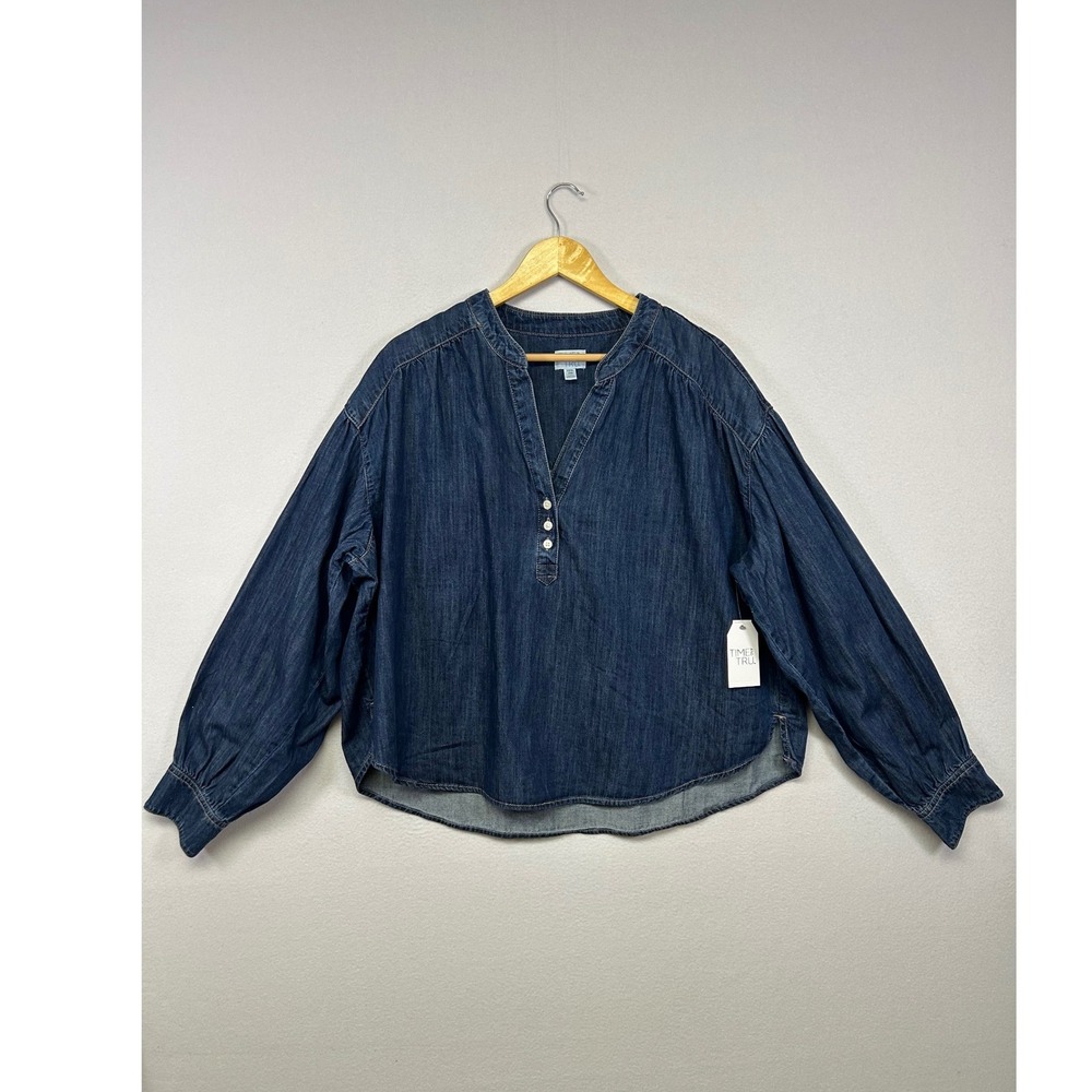 Boho Coastal Time and Tru NWT Women XXXL 22 Blue Denim Popover V-Neck Blouse Top